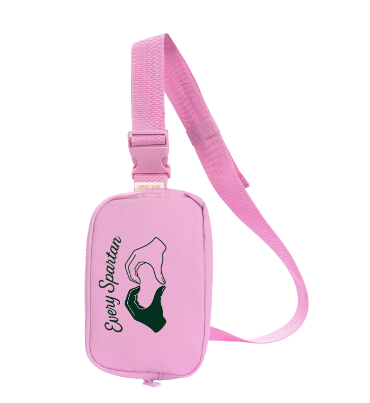 Pink crossbody bag with adjustable strap and graphic design logo