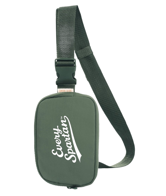 Green crossbody bag with adjustable strap and white script logo on the front