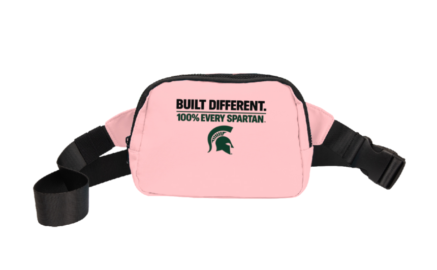 Pink waist bag with black strap and Spartan logo, text reading “Built Different. 100% Every Spartan.”