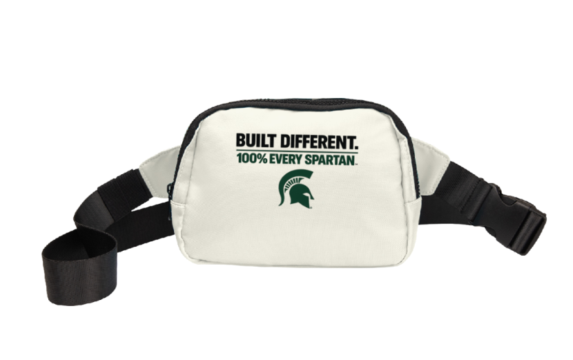 White waist bag with black straps and “BUILD DIFFERENT 100% EVERY SPARTAN” text and Spartan helmet logo
