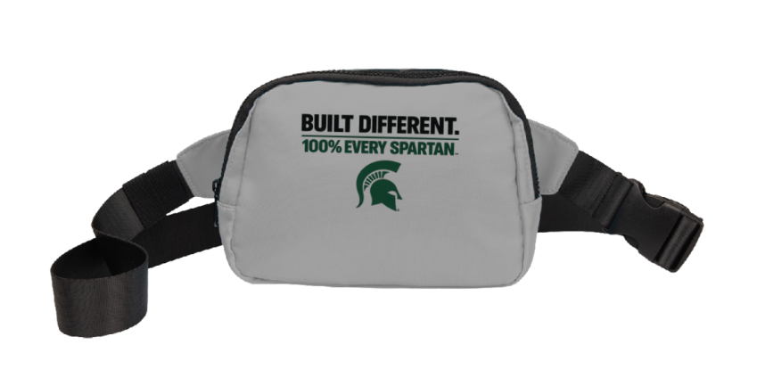 Gray waist bag with black strap and “BUILT DIFFERENT, 100% EVERY SPARTAN” text and Spartan logo.