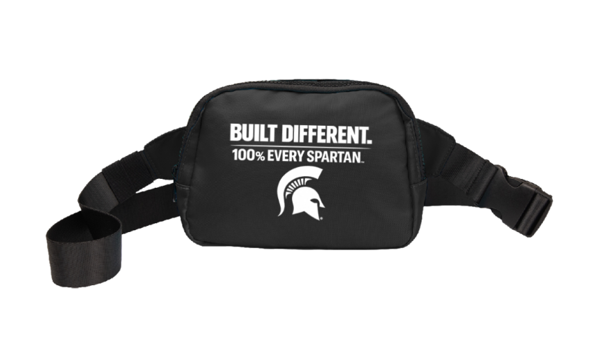 Black waist bag with strap, white Spartan logo, and text “BUILT DIFFERENT. 100% EVERY SPARTAN.”
