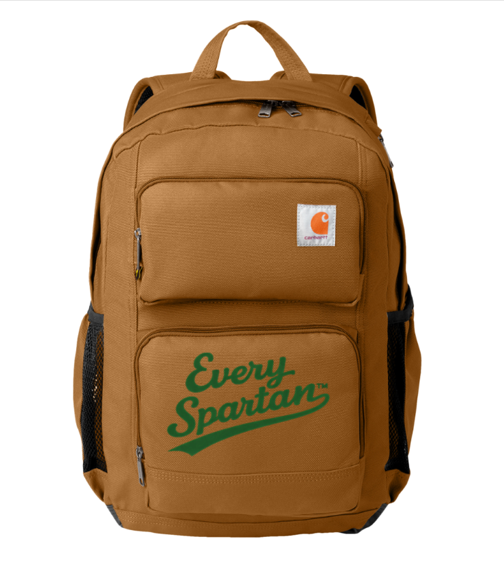 Brown backpack with green “Every Spartan” text and a small Carhartt logo patch