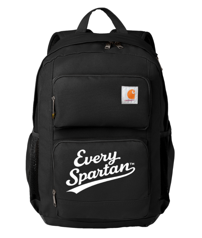 Black backpack with white “Every Spartan” text and a small Carhartt logo patch