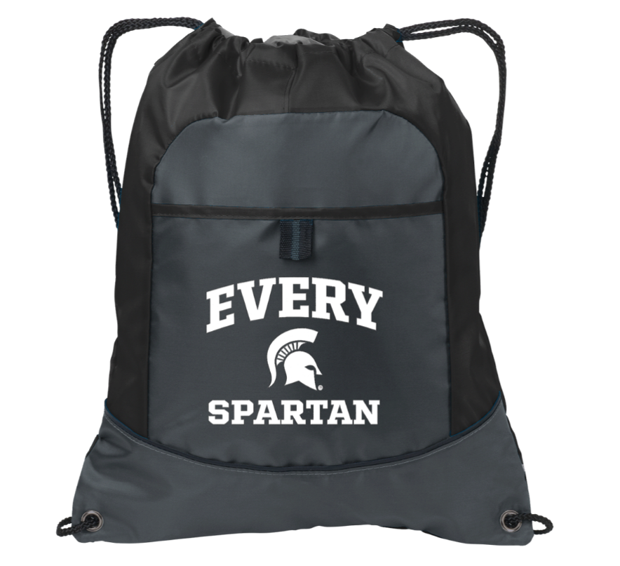 Black and gray drawstring backpack with “EVERY SPARTAN” text and Spartan helmet logo