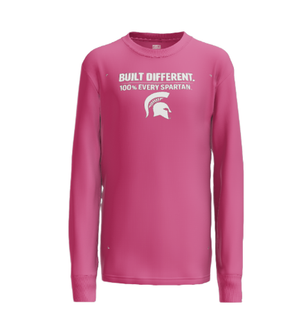 A long-sleeved, pink shirt featuring a white Spartan helmet logo and the text