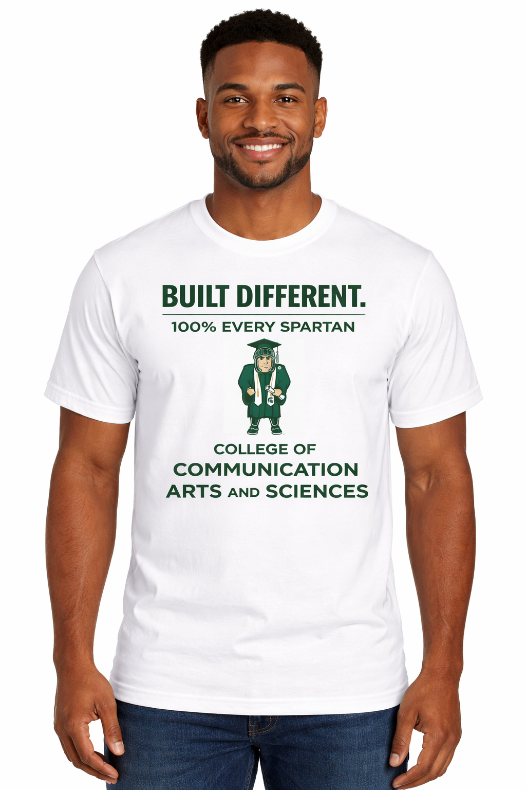 A person wears a white t-shirt featuring a green Spartan mascot, 