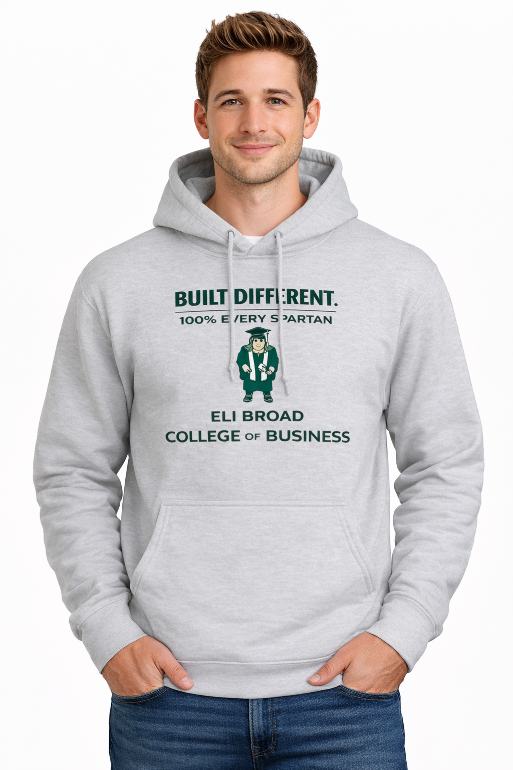 A man wears a grey hooded sweatshirt with 