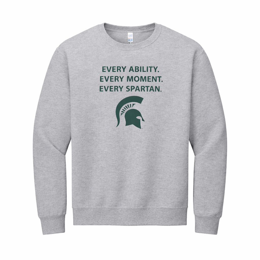 A grey crewneck sweatshirt featuring a green Spartan helmet logo and the text, 