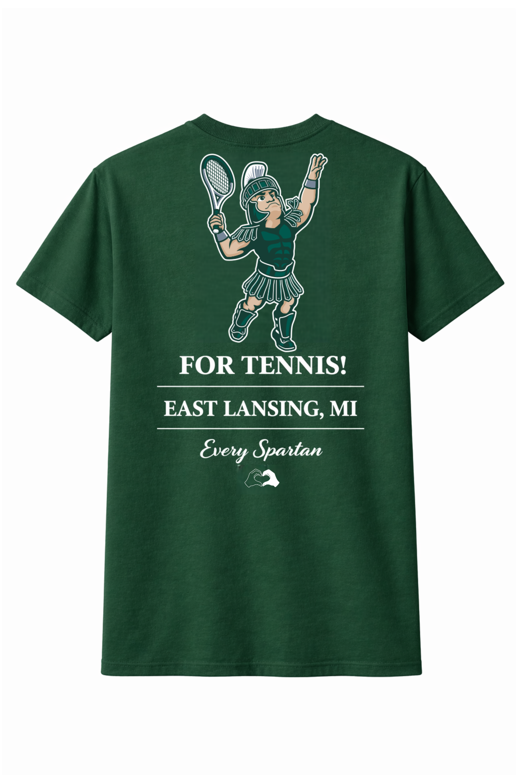 Green tennis T-shirt with a cartoon player and text “FOR TENNIS! EAST LANSING, MI”