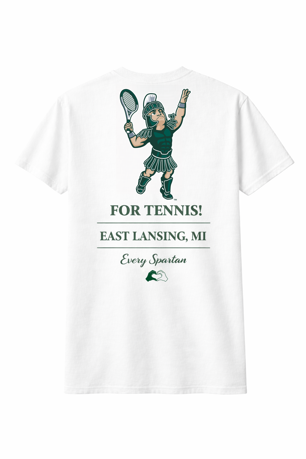 White T-shirt with tennis player graphic and text “FOR TENNIS! EAST LANSING, MI” and “Egon…”