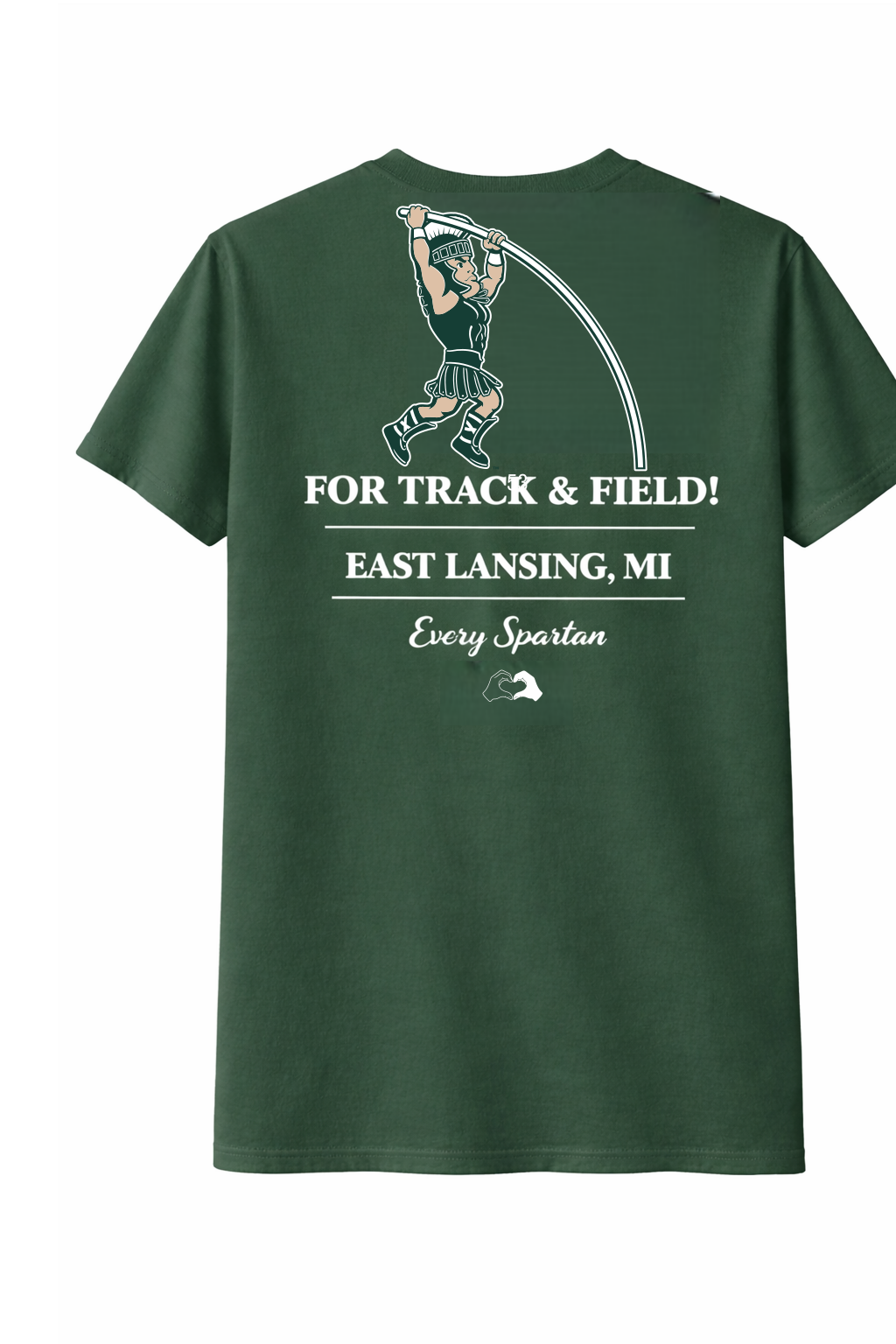 Green T-shirt with track-and-field graphic and text “FOR TRACK & FIELD! EAST LANSING, MI”