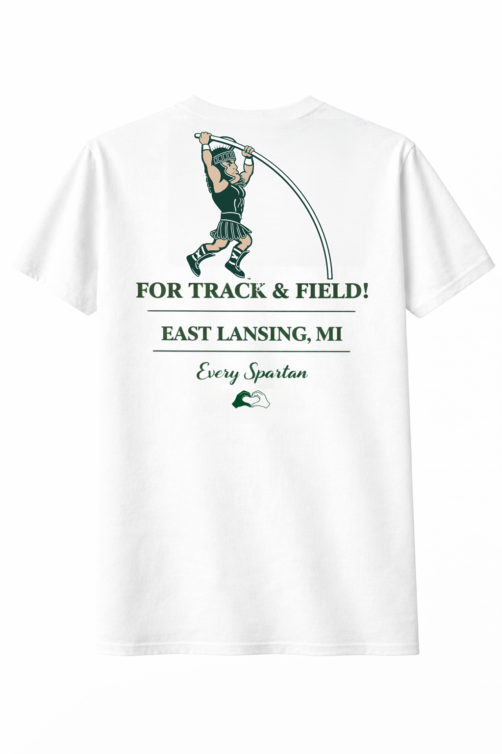 White T-shirt with fishing graphic and text: “FOR TRACK & FIELD! EAST LANSING, MI”