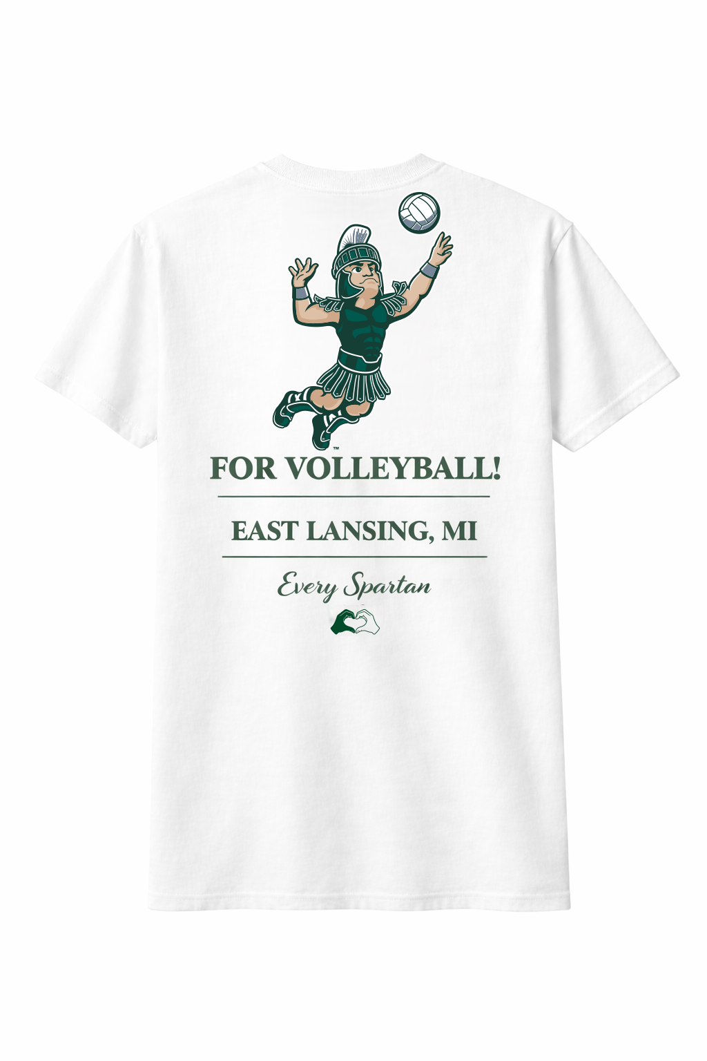 White T-shirt with a volleyball-themed green mascot and the text “FOR VOLLEYBALL! EAST LANSING, MI”