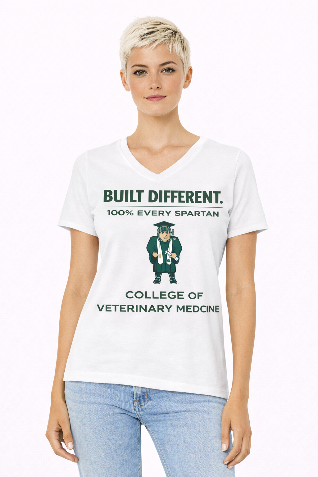 A white V-neck t-shirt featuring a cartoon Spartan graduate and the text