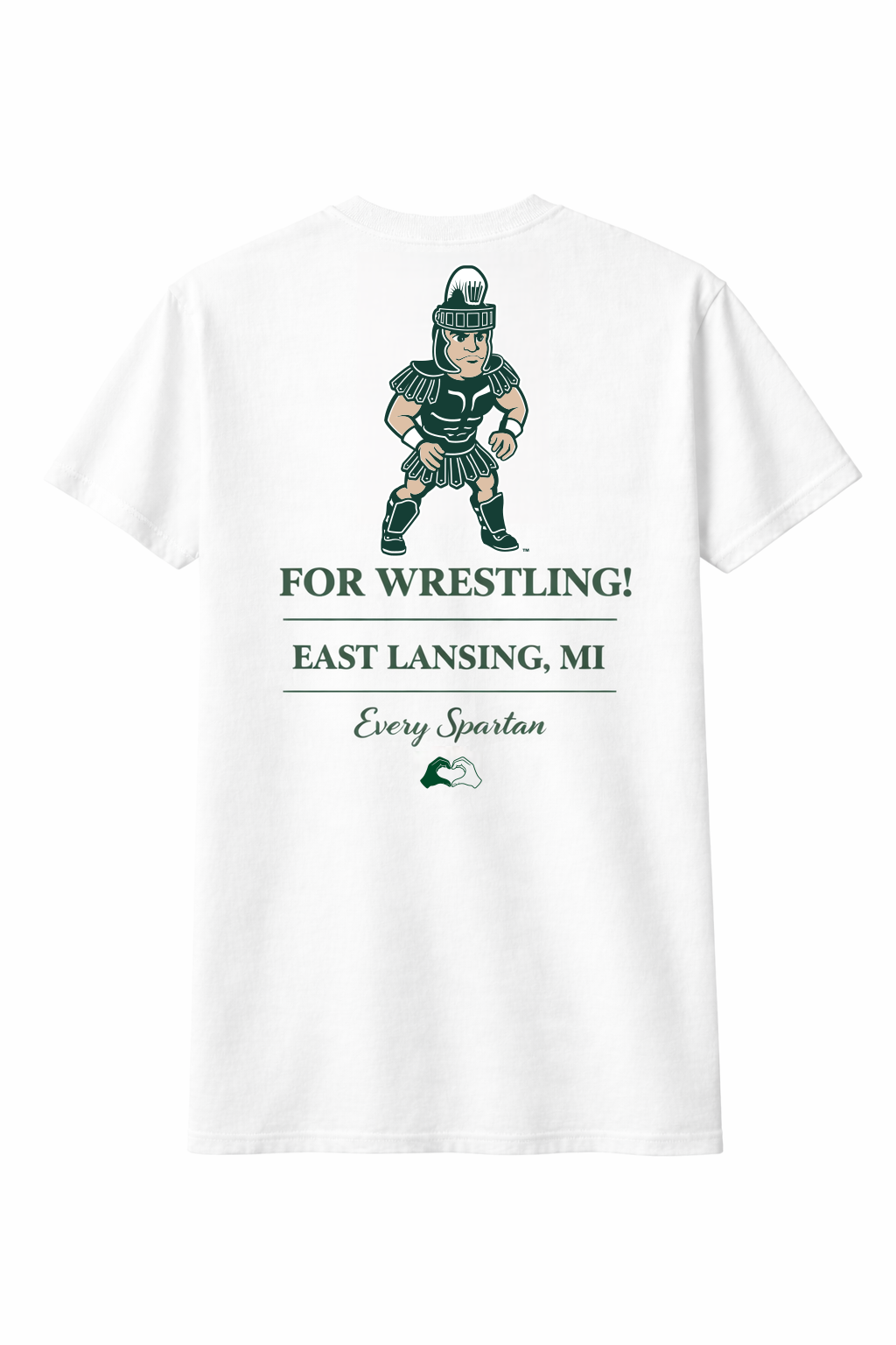 White T-shirt with green wrestling graphic and text: “For Wrestling! East Lansing, MI.”