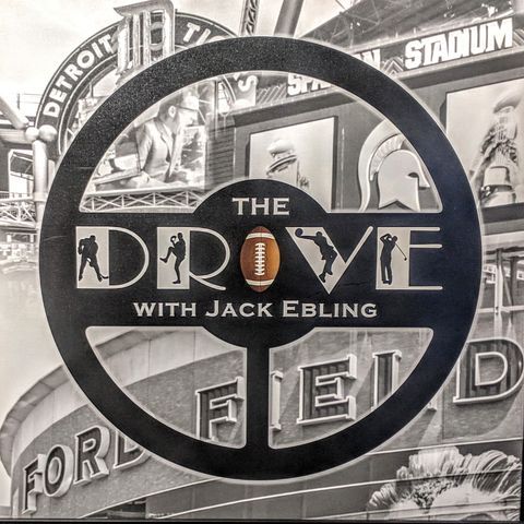 The Drive with Jack Ebling logo over a monochrome Detroit sports collage
