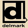 A black and white logo for delmark with an arrow pointing to the right.