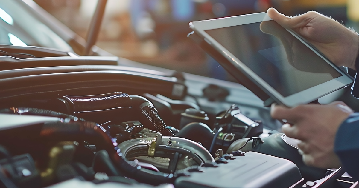 Mechanic uses a tablet to diagnose a car engine in a garage.