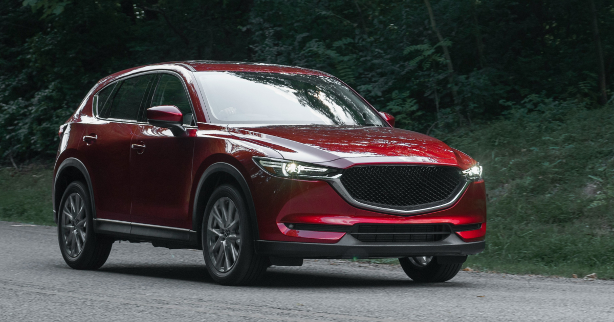 Red Mazda SUV driving on a wet, tree-lined road.