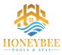 Logo for Honeybee Pools & Spas: gold hexagon with house and waves, with company name below.