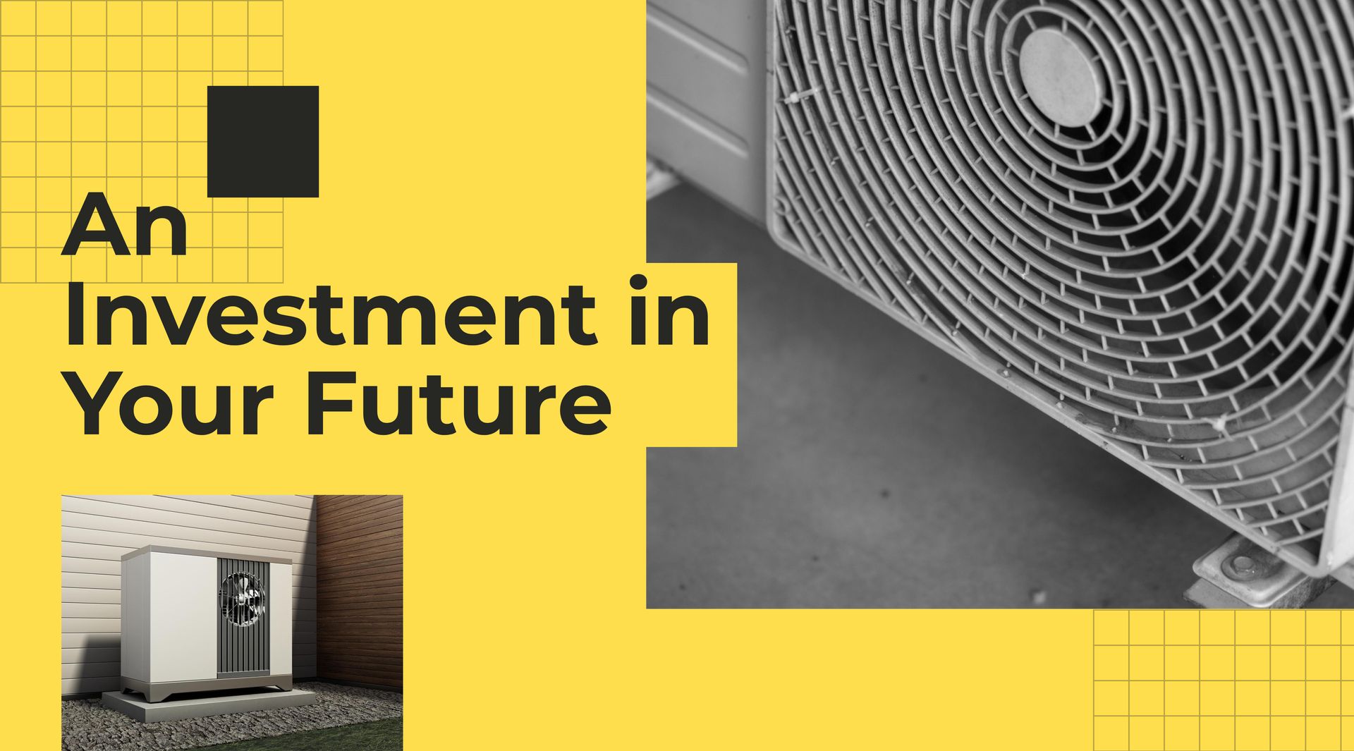 A black and white photo of an air conditioner with the words `` an investment in your future ''.