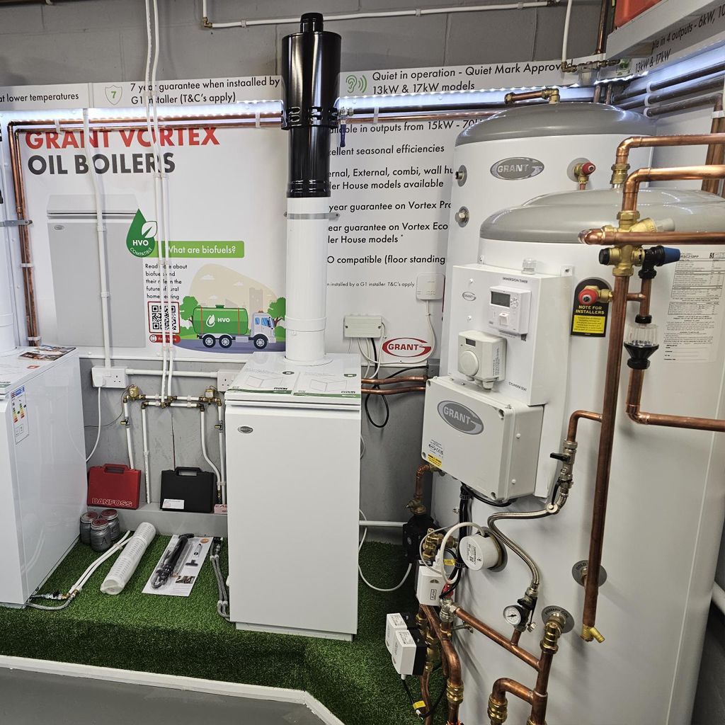 A room with a sign that says grant vortex oil boilers