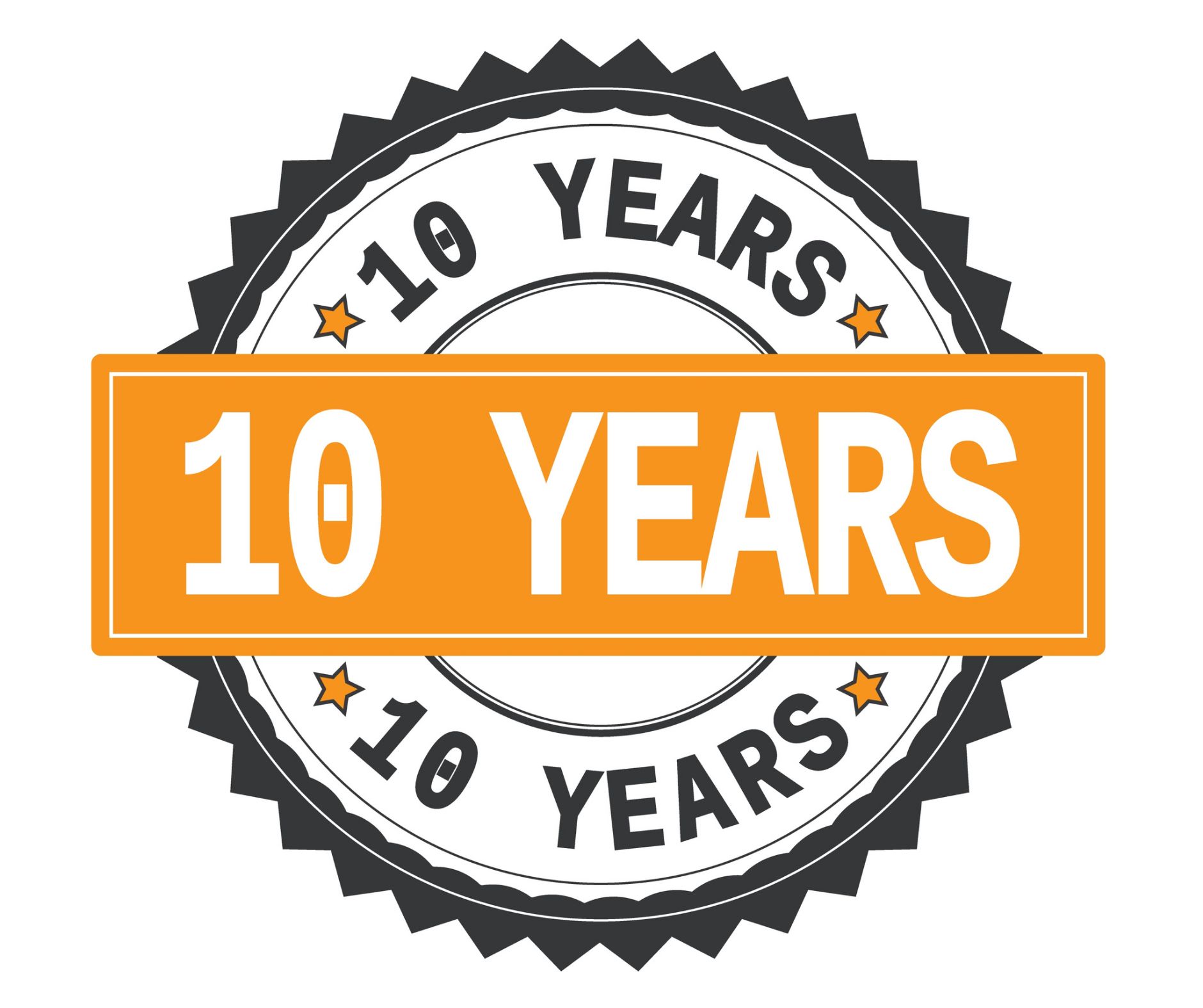 A stamp with the words `` 10 years '' written inside of it.