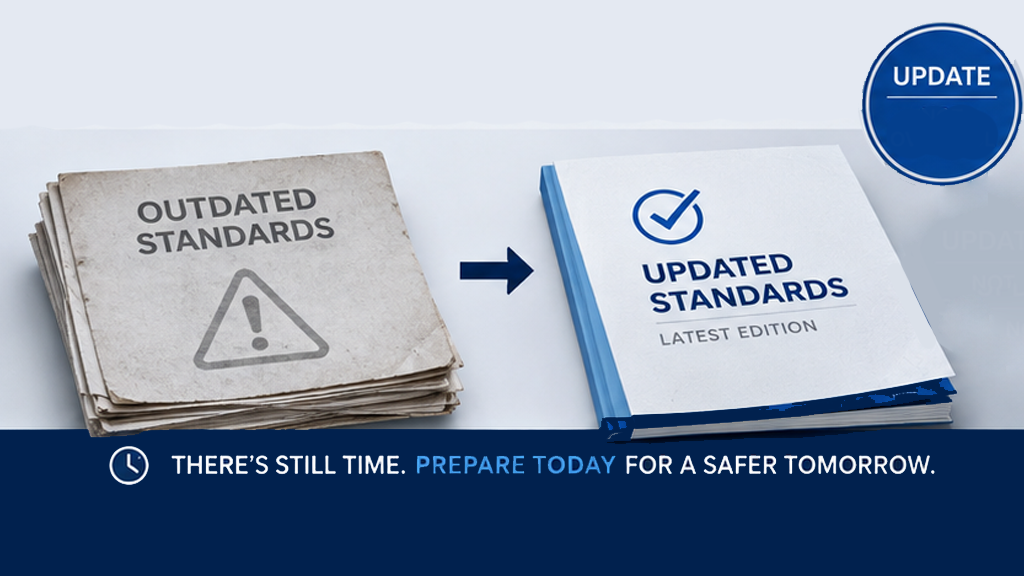 Outdated standards changing to updated standards, with blue arrow and “update not overhaul” badge