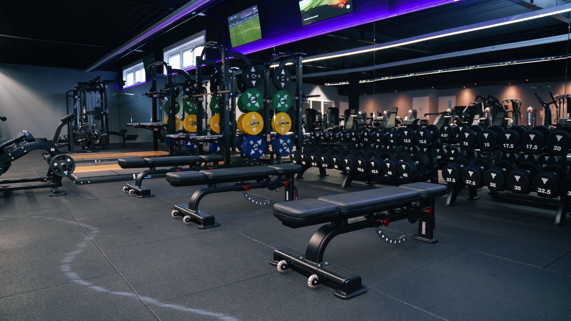 Empty gym with black benches, dumbbells, and purple accent lighting along the back wall.