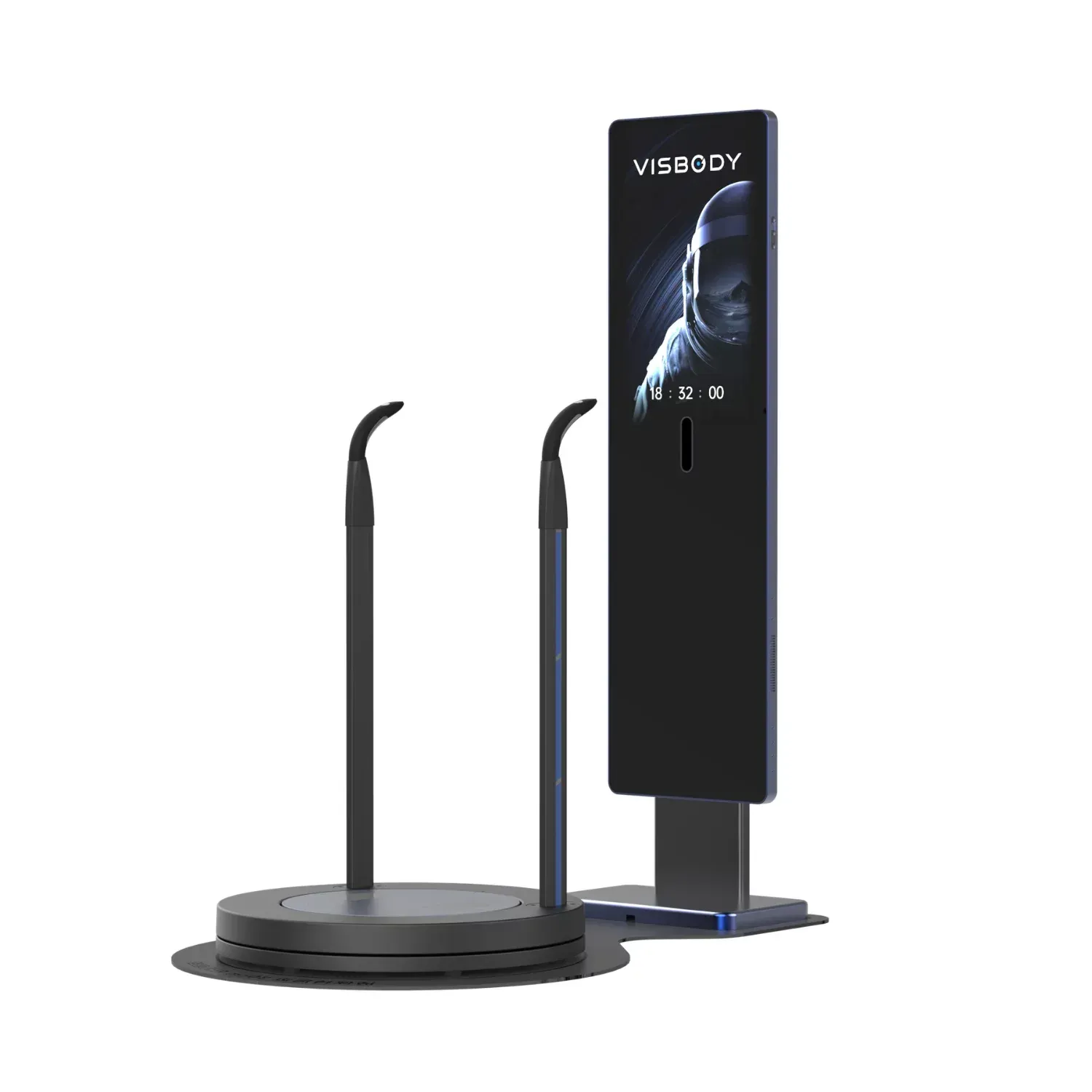 Zwarte VR-trainingskiosk met dockingstation voor de headset en rond oplaadstation op een witte achtergrond.