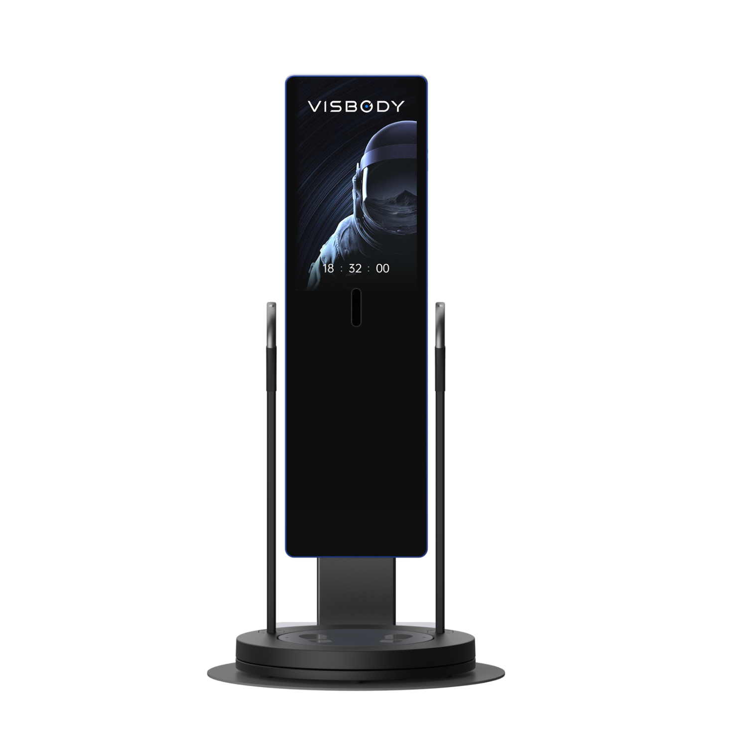 Zwarte VR-headset displaykiosk op een ronde voet met zijrails en een donker posterscherm.