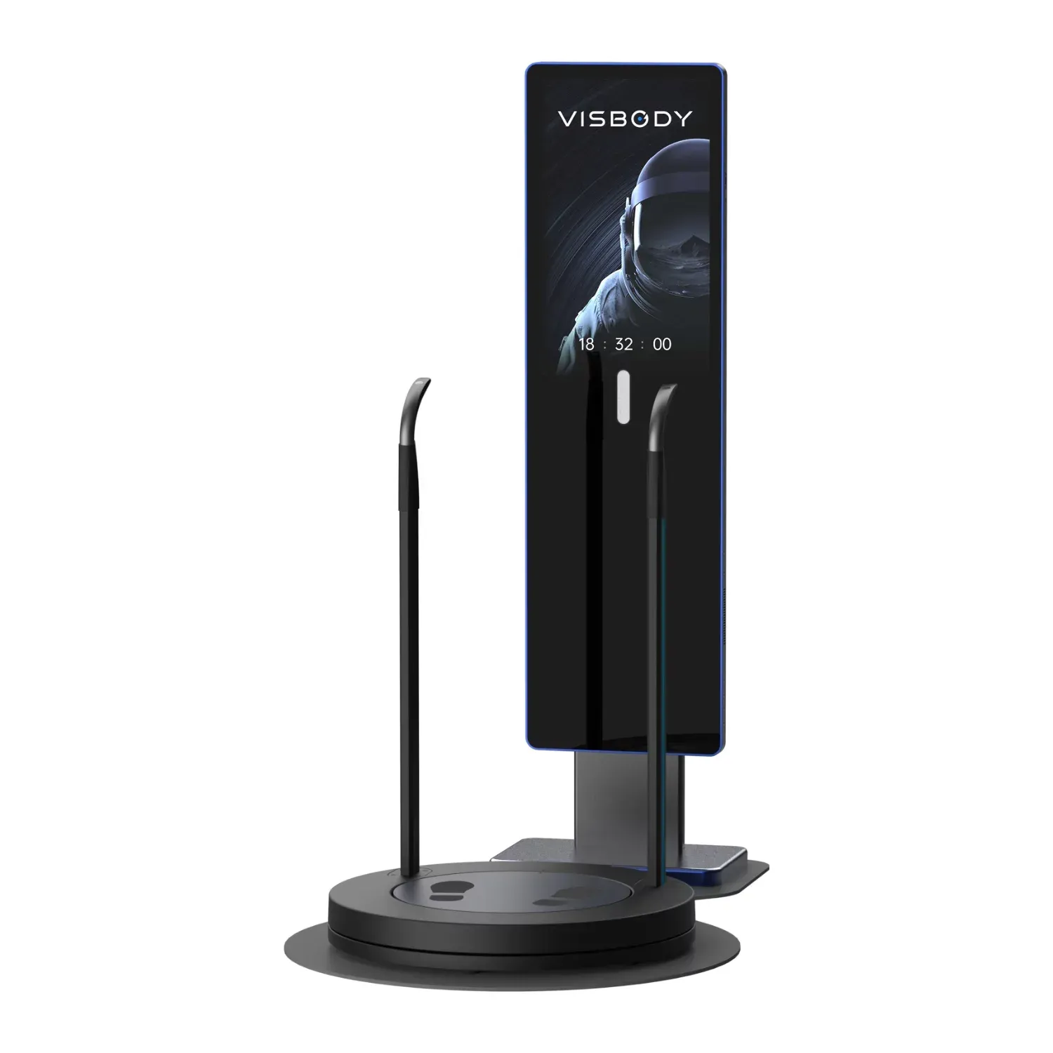 Zwarte displaystandaard met een ronde voet en twee verticale handgrepen, waarop een figuur met helm is afgebeeld.