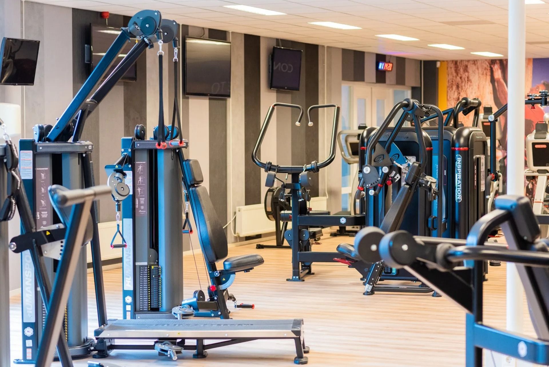 Modern gym with blue exercise machines and mirrored walls