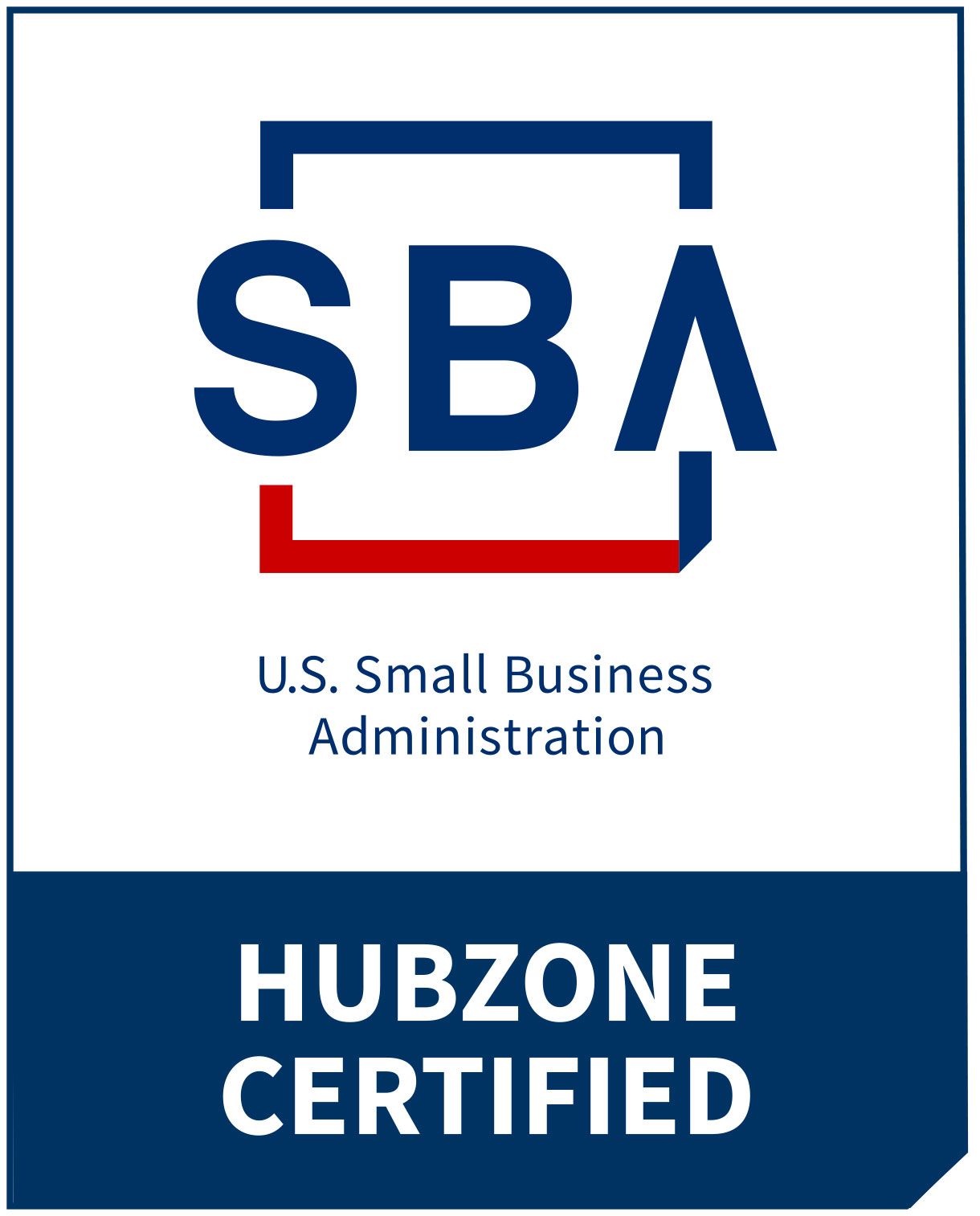 SBA Hubzone Certified logo: Blue and white with SBA letters, a red bar, and text