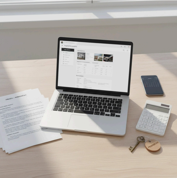 Laptop displaying a website, papers, phone, calculator, and keys on a desk.