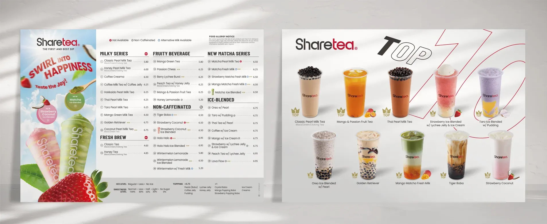 SheTeoz tea menu with colorful fruit drinks, bubble teas, and a price list on a light background