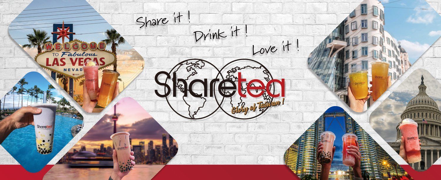 Sharetea collage banner with Las Vegas skyline, landmarks, and colorful dessert drinks on a white brick wall.