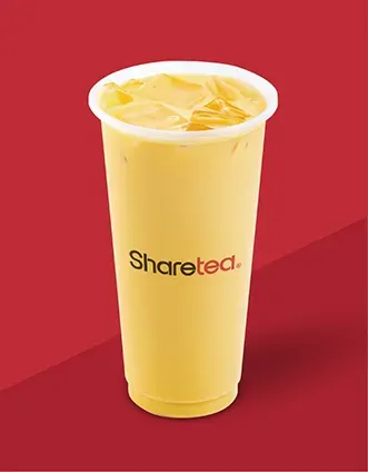 Yellow iced drink in a clear cup with a white lid on a red background, labeled “Sharetea.”