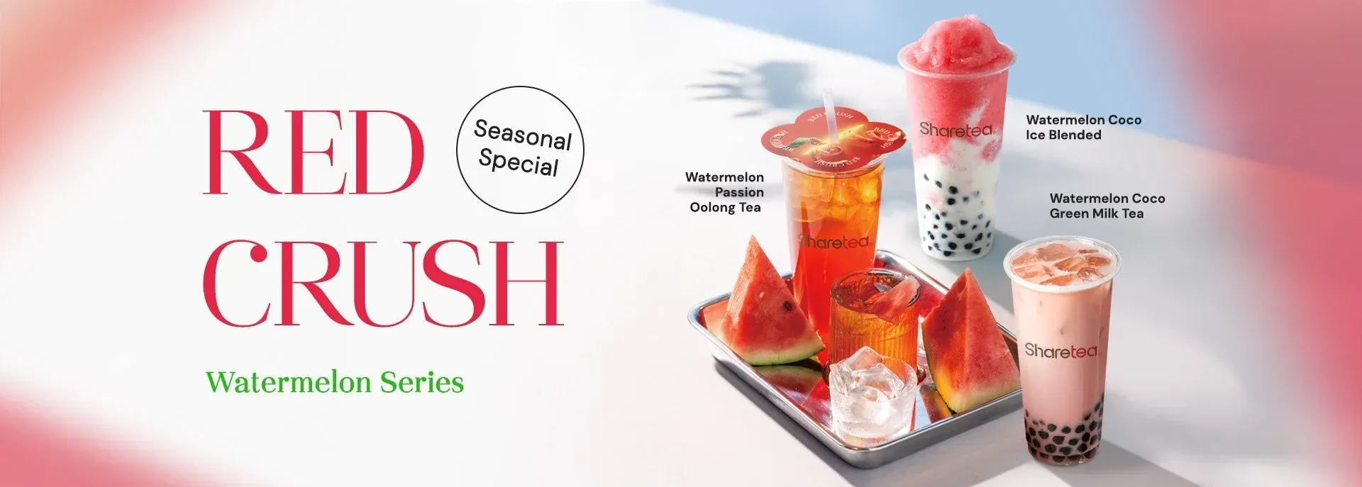 Red Crush Watermelon Series ad with watermelon drinks, red frozen dessert, and pink smoothie on a white background