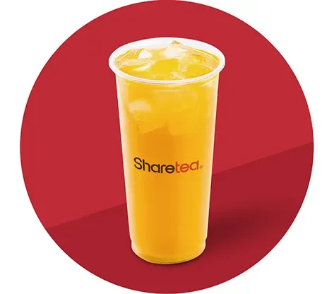 Yellow drink in a clear cup with ice on a red background, labeled “Sharetea”
