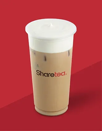 Tall iced coffee cup with white lid on a red background, labeled “Sharetea”