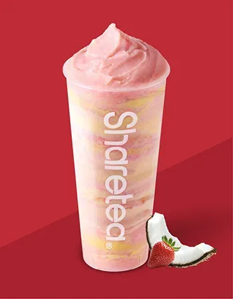 Pink strawberry milkshake in a clear cup with whipped topping and strawberry pieces on a red background, labeled “Sharetea.”