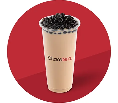 Tall Sharetea bubble tea topped with black tapioca pearls on a red background