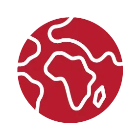 Red globe icon with white continent outlines on a red circle