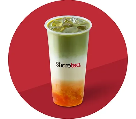 Clear plastic cup with iced tea and orange fruit bits on a red background, labeled “Sharetea.”
