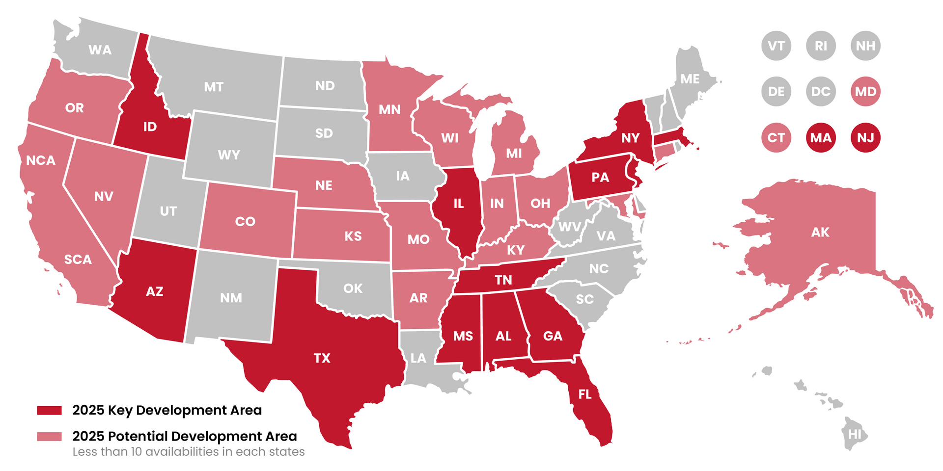 US map choropleth of 2020 New Democrat states in red and other states in gray