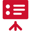 Red presentation slide icon with white bullet points and lines above a tripod stand icon