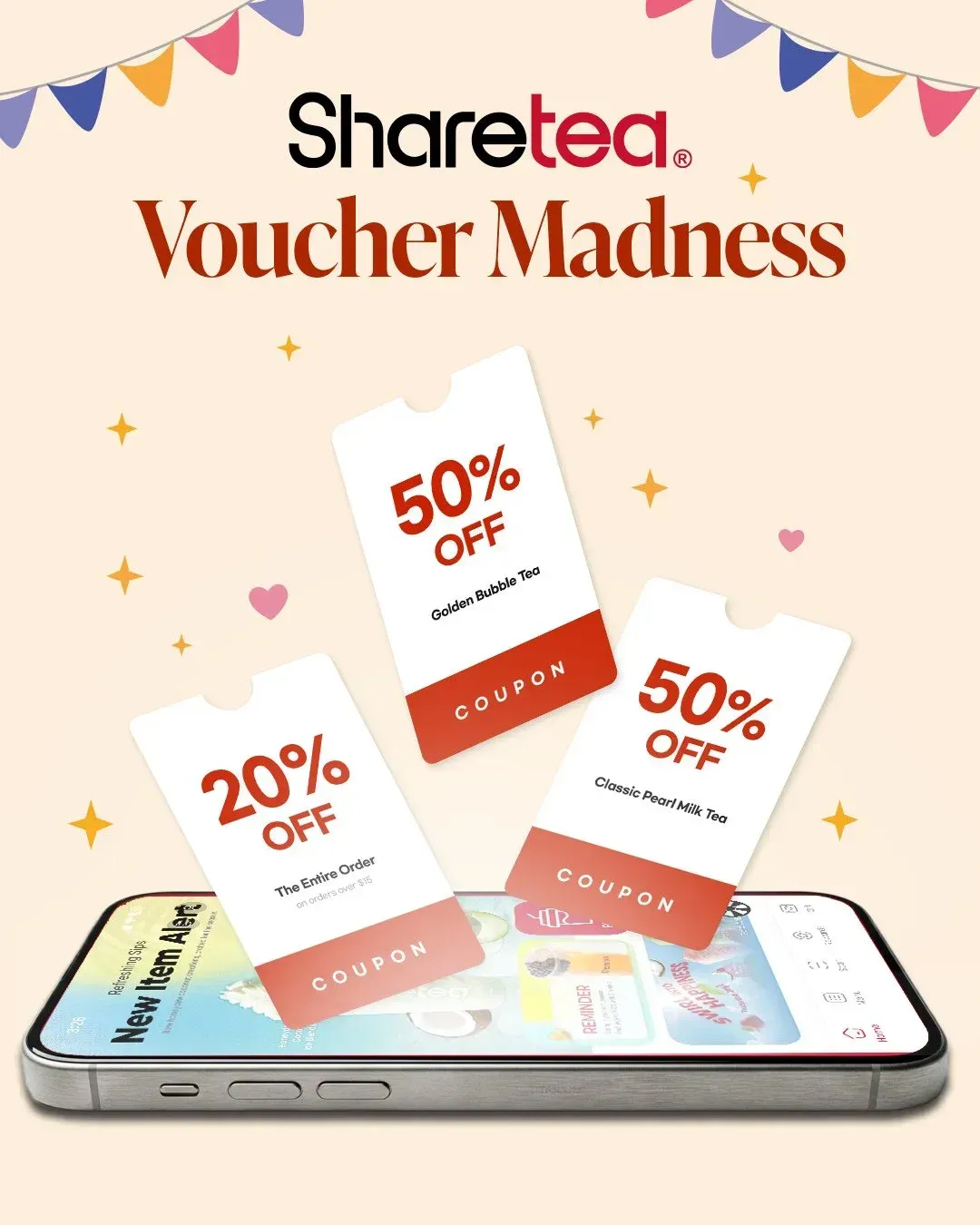 Sharetea “Voucher Madness” promo with smartphone and floating 20% and 50% off discount vouchers