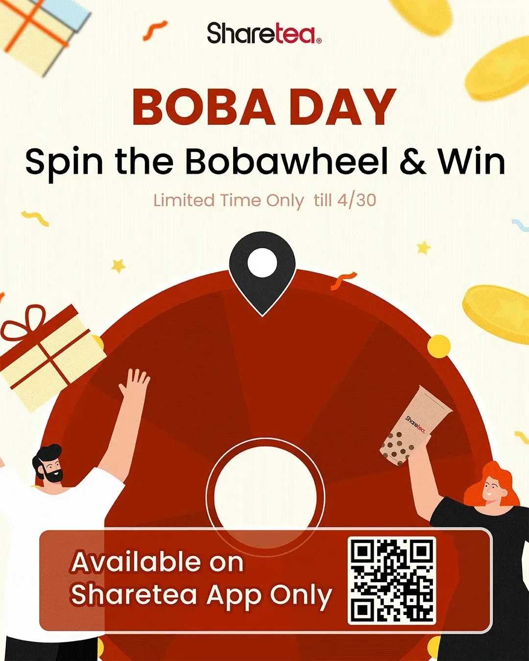 Boba Day promo poster: spin the bobawheel to win, available only on the Sharetea app.